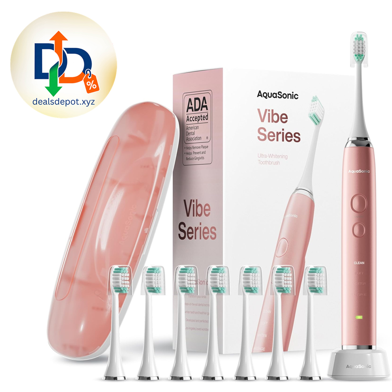Aquasonic Vibe Series Ultra-Whitening Toothbrush – ADA Accepted Electric Toothbrush - 8 Brush Heads & Travel Case – 40,000 VPM Motor & Wireless Charging - 4 Modes w Smart Timer – Satin Rose Gold
