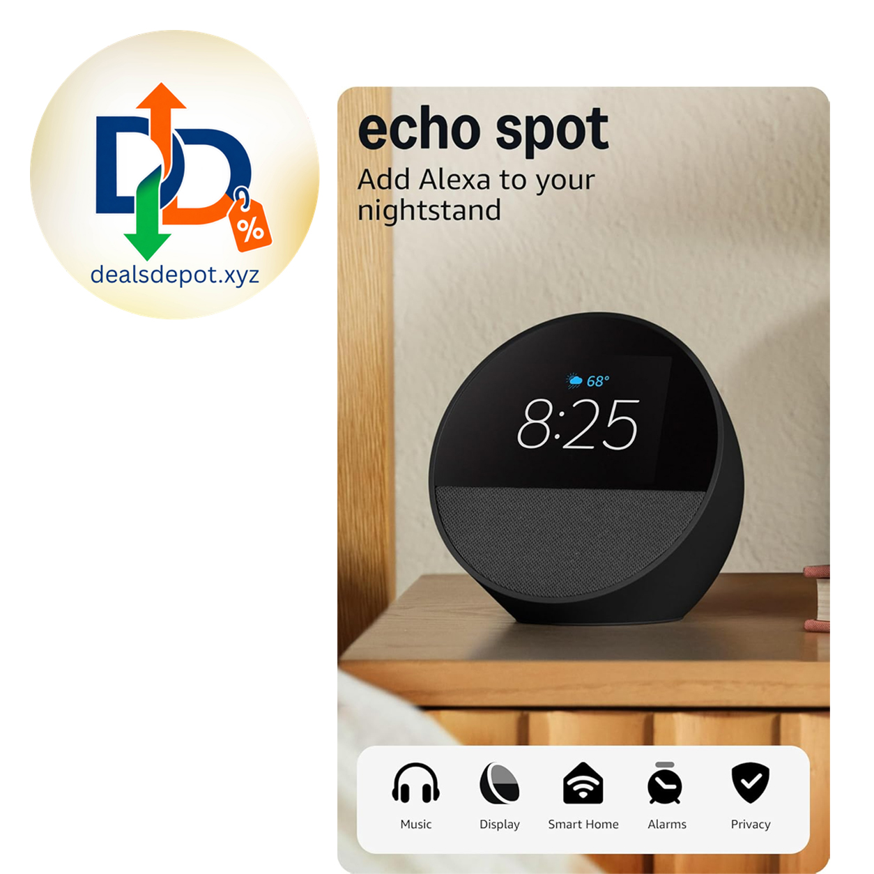 Amazon Echo Spot (newest model), Great for nightstands, offices and kitchens, Smart alarm clock, Designed for Alexa+, Black