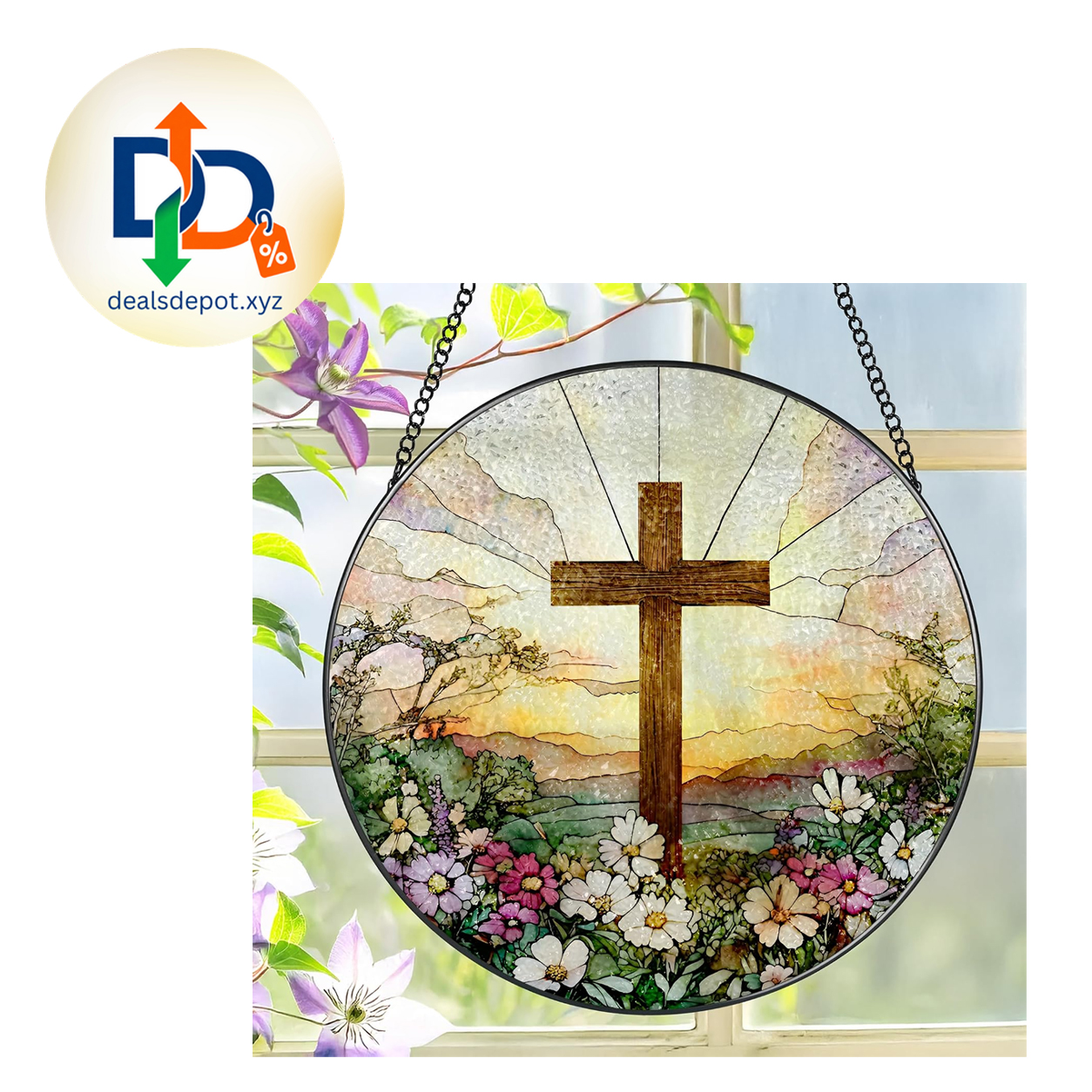 Stained Glass Cross & Wildflowers Suncatcher