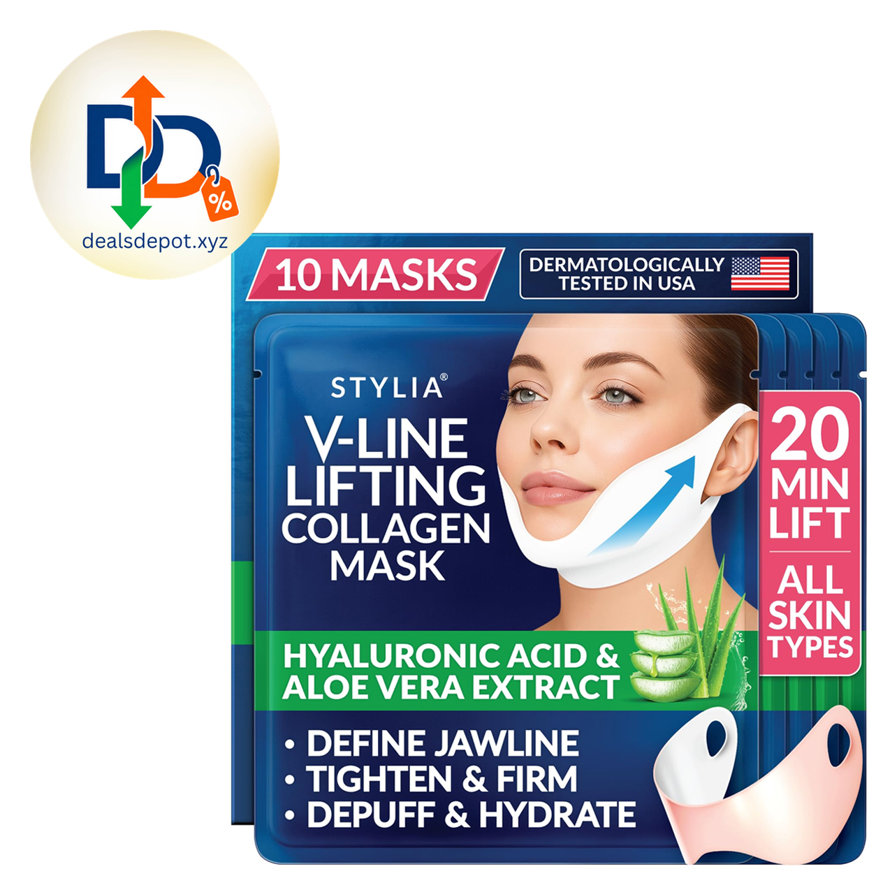 Stylia V Line Lifting Collagen Mask - Lift, Firm & Contour Jawline - Tightening Double Chin Strap with Hyaluronic Acid & Aloe