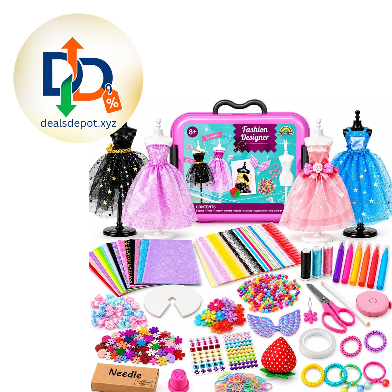 AGENTLAN Fashion Designer Kit, 900+ Dress Making Kit, DIY Craft Kit Fashion design studio, sewing & no-sew, DIY fashion play with storage bin, gift for girls ages 6-12