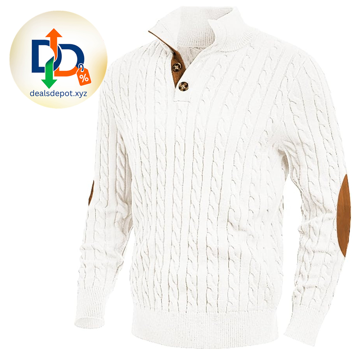 JMIERR Men's Casual Long Sleeve Cable Knit Pullover Sweater Classic Cable Knit Texture, Button Henley Collar, Elbow Patches, Regular Fit Layering, Casual Dressy Fall Winter Clothes