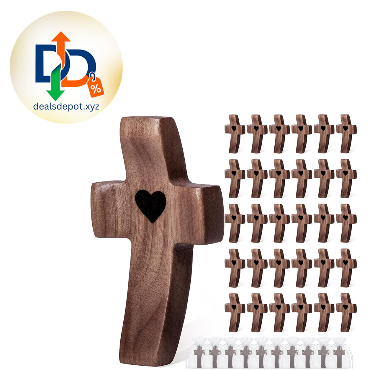 30-Pack Wooden Prayer Crosses with Organza Bags