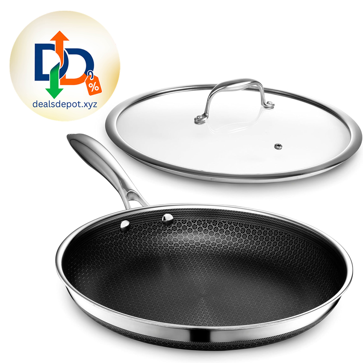 HexClad 12" Hybrid Nonstick Frying Pan with Lid, Dishwasher & Oven Safe Stay-Cool Handles, Dishwasher and Oven Safe up to 900°F, Compatible with All Cooktops