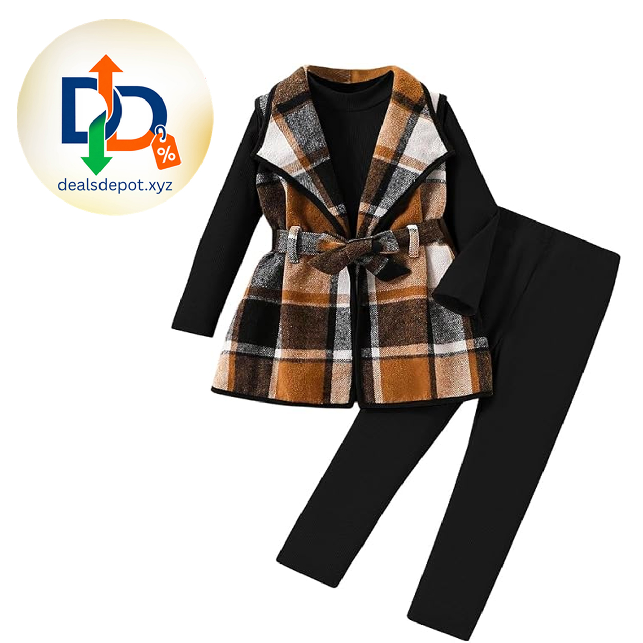 Kid Girls Clothes 3 Piece Outfits Plaid Flannel Belted Vest & Long Sleeve Top and Pants- Fall Clothing Sets