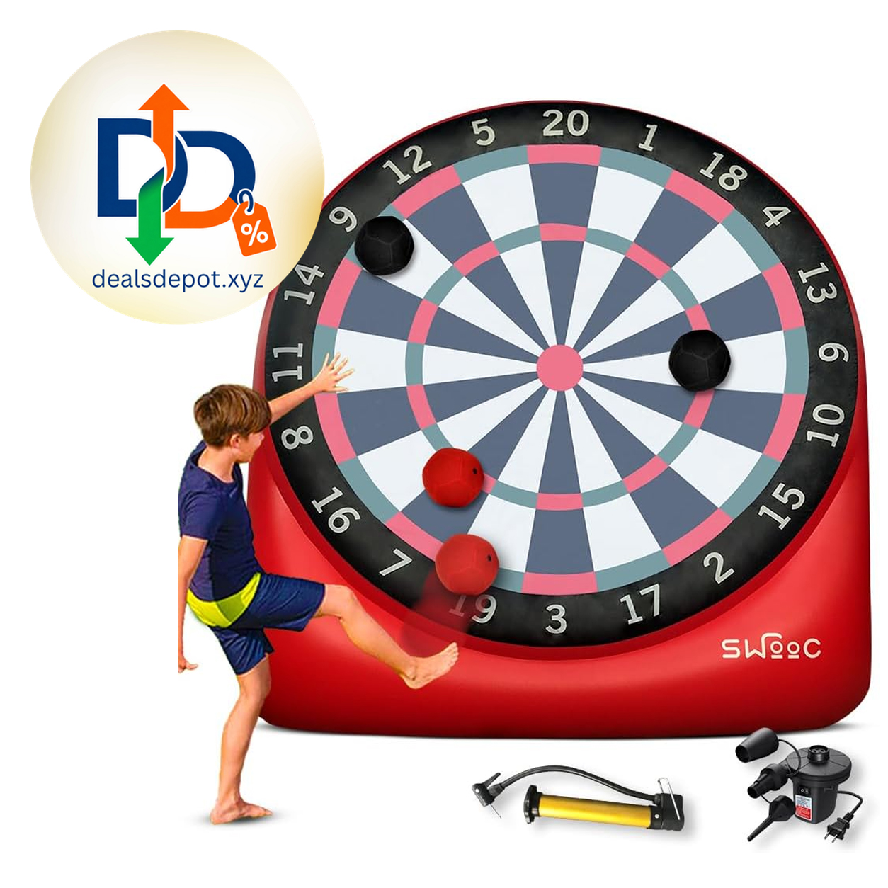 Swooc Games - Premium Inflatable Giant Kick Darts (15+ Ways to Play) - Jumbo Soccer Dartboard with Air Pump - Big Carnival Games - Giant Outdoor Games - Oversized Dart Board Yard & Lawn Game