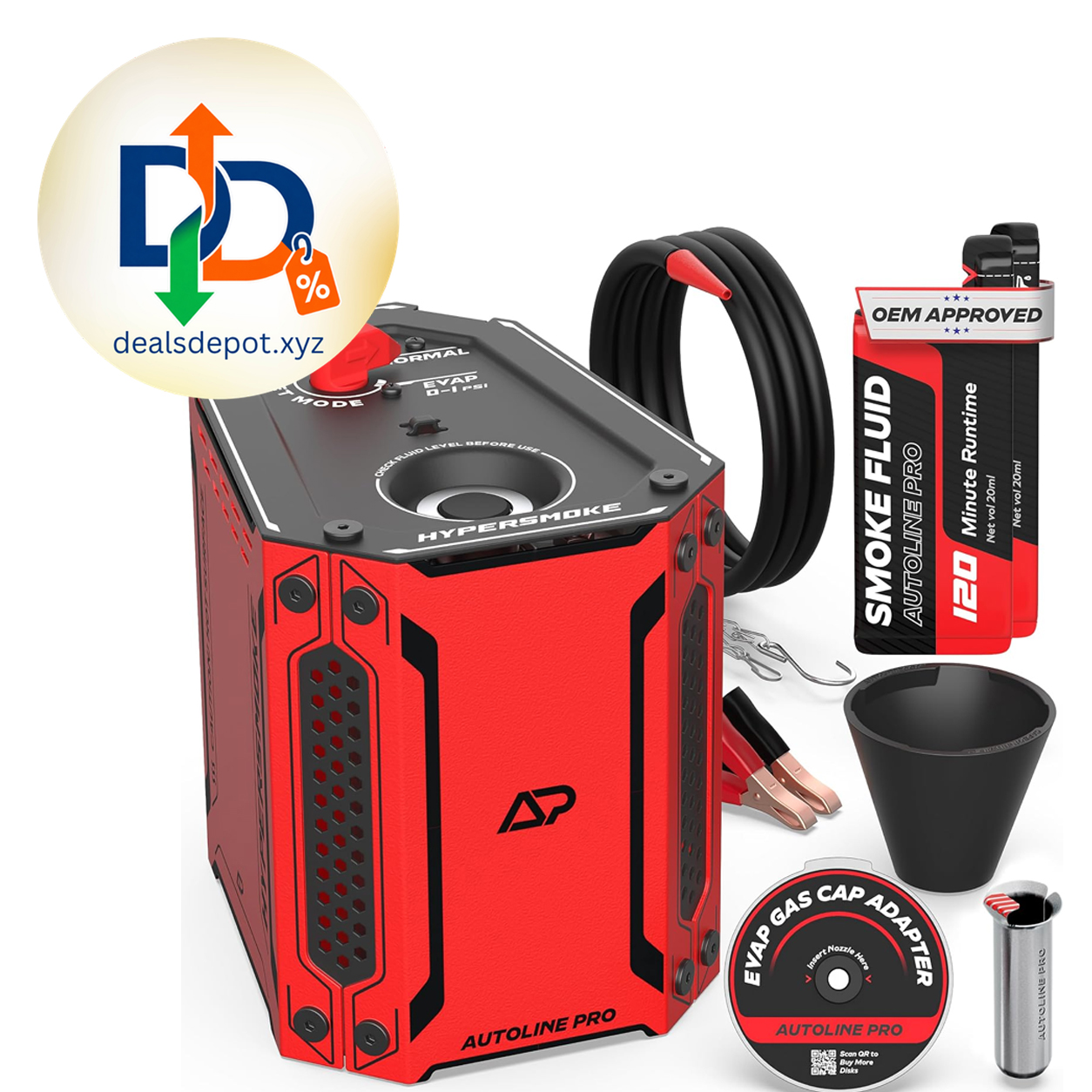AutoLine Pro HyperSmoke™ Automotive Smoke Machine EVAP Vacuum Leak Tester – Adjustable Pressure – OEM Approved Smoke Fluid – Built-in Air Compressor Motor – Includes Cone and Gas Cap EVAP Adapter.