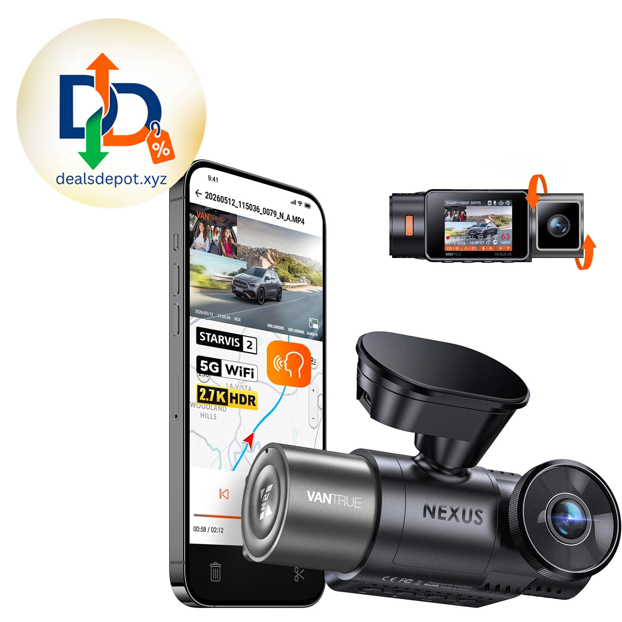 Vantrue N2X 2.7K Dash Cam Front and Inside, STARVIS 2 PlatePix Car Camera IMX675 Sensor, HDR+IR Night Vision, F/1.8 Aperture, 5G WiFi & GPS, 60fps, App/Voice Control, G-Sensor, 24/7 Parking Mode