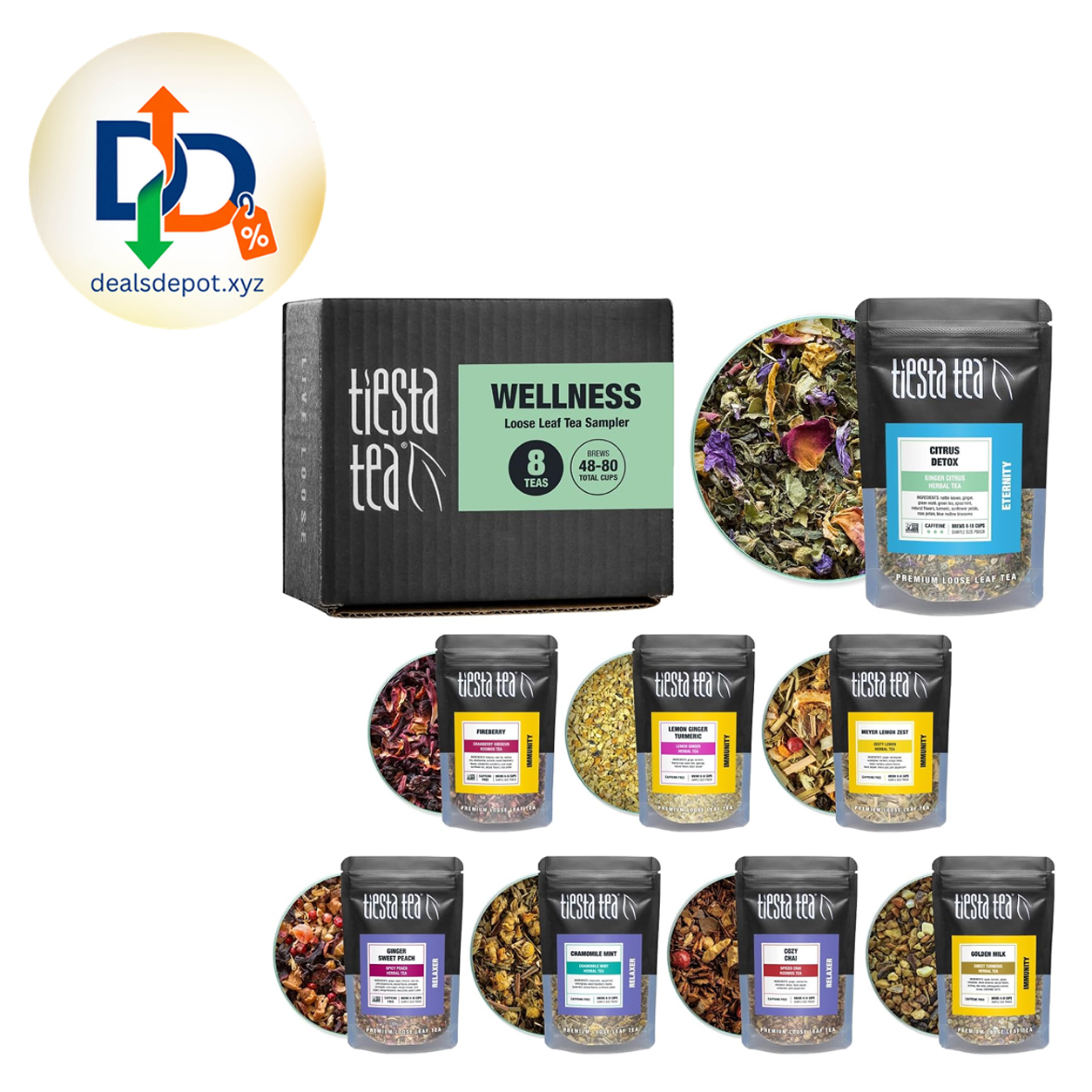 Tiesta Tea Wellness Tea Sampler Dry Flight Set Loose Leaf 8 Pouches High to No Caffeine, Makes Hot & Iced, Assorted Brew Sets with Herbal, Chai, Fruit Drinks & More, 8 Resealable Sample Pouches