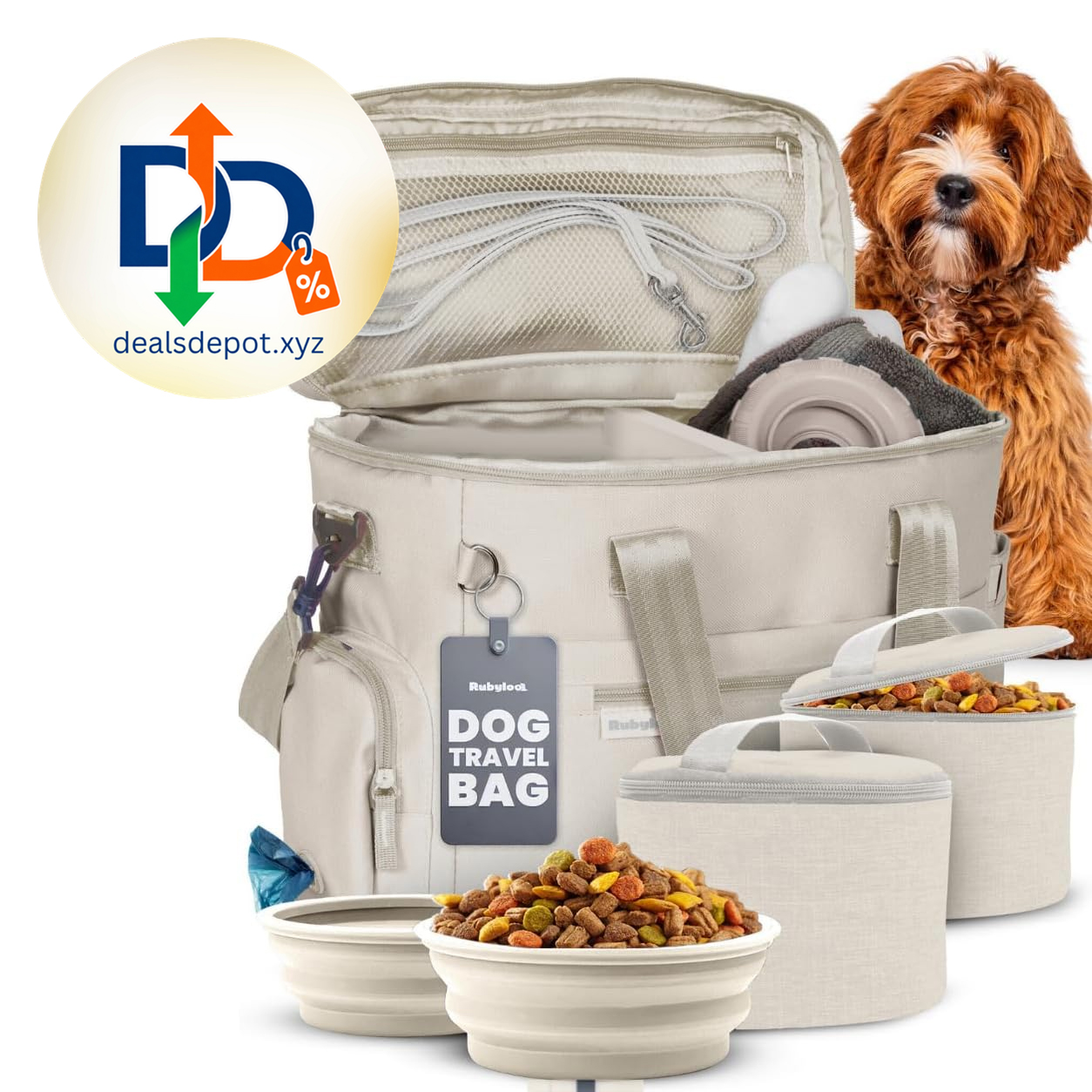 Original Doggy Bag™ Dog Travel Bag for Supplies with Travel Bowls 2 BPA-Free Collapsible Bowls, 2 Pet Food Containers, TSA-Ready, Road Trips, Camping, Weekend Getaways, Doggy Gift, Beige
