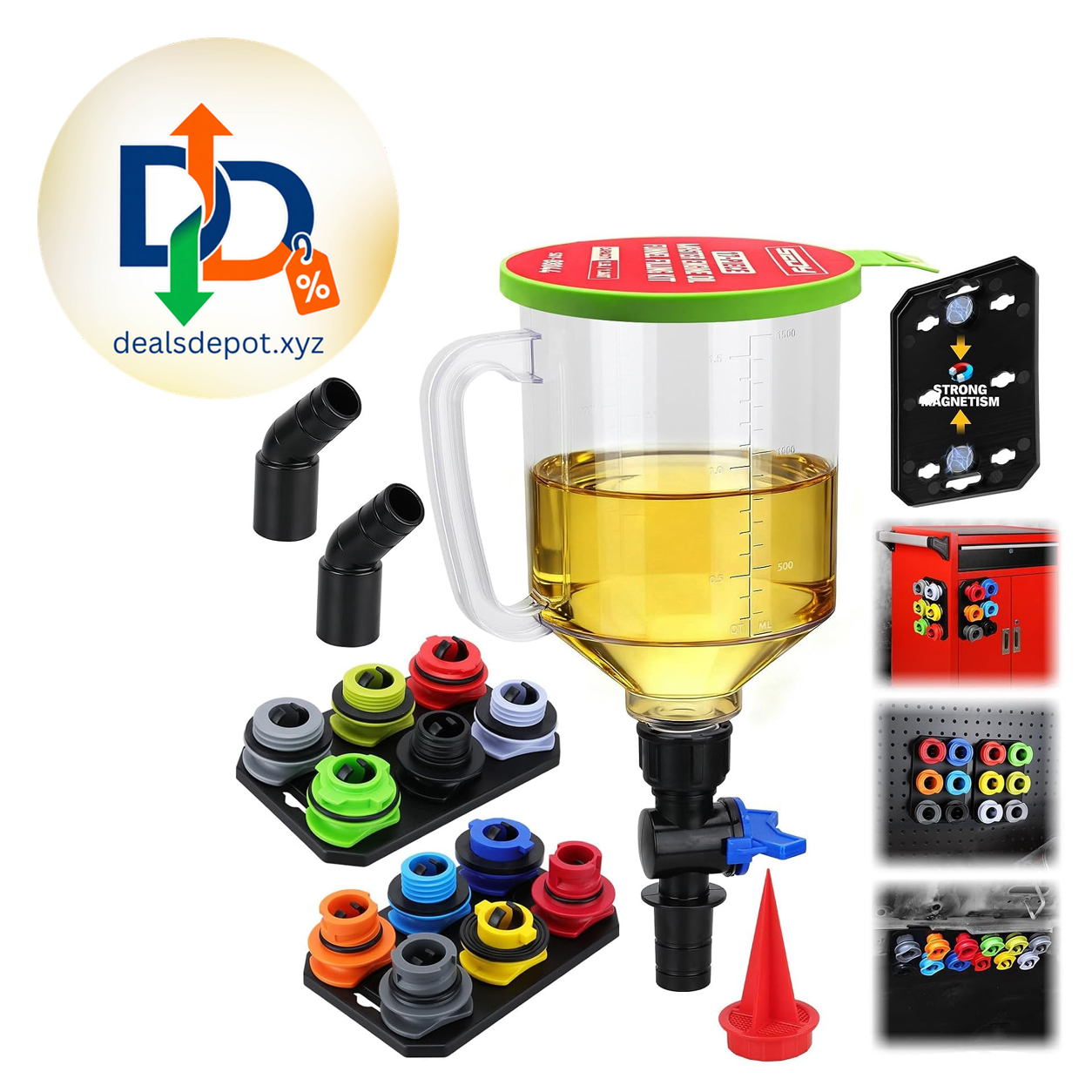 18-Piece Engine Oil Funnel Kit, 1.59QT/1.5L Automotive Oil Funnel Set with 12 Adapters, Elbow Fitting, Arrow Screen and Magnetic Storage Hooks Tray, Compatible with GM, Ford, BMW, Audi, Land Rover Etc