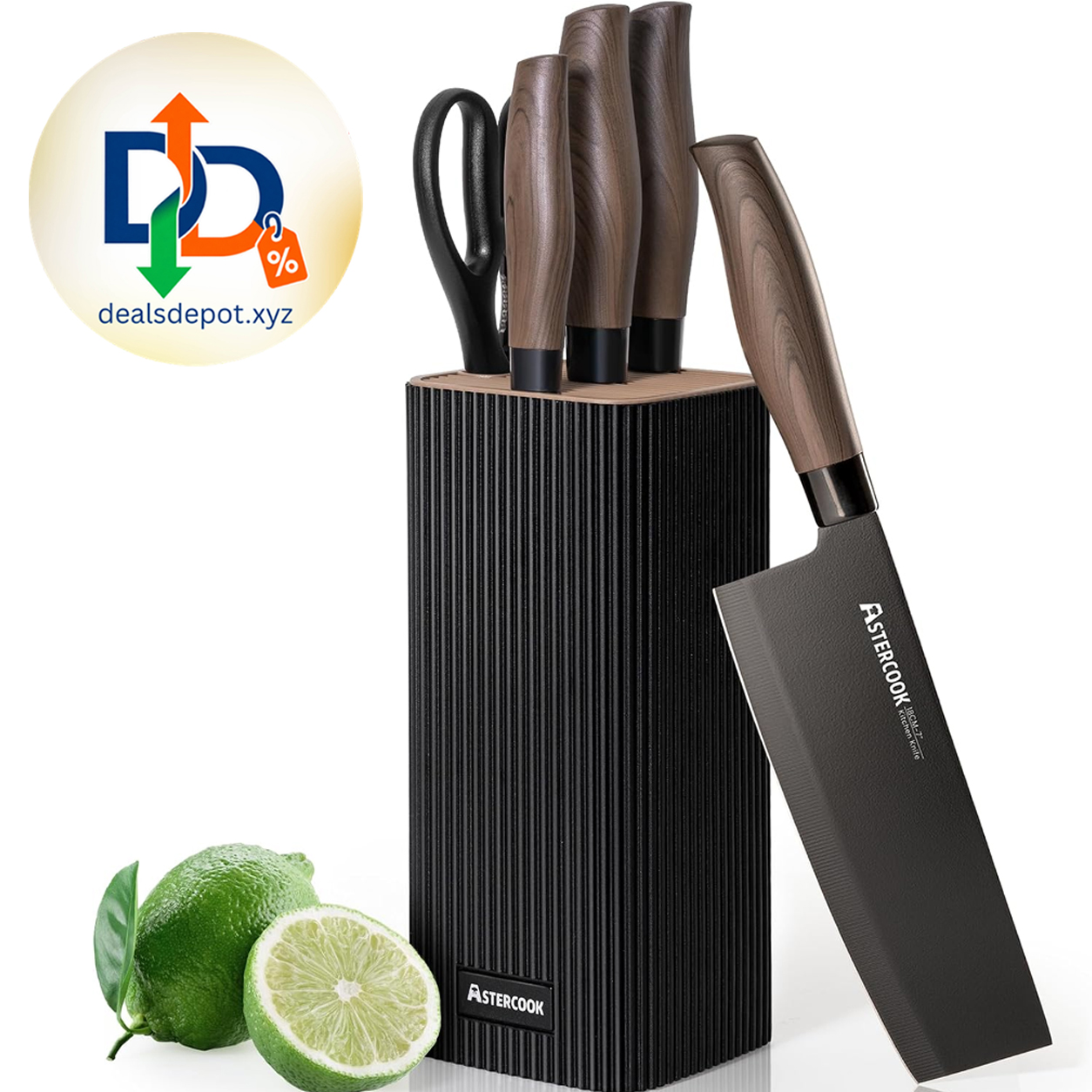 Astercook Knife Set, 6-Piece Kitchen Knife Set with Block, High Carbon Stainless Steel Ultra Sharp Kitchen Knives, Wood Grain Handle, Dishwasher Safe Knife Block Set, Black, Kitchen Utility Knives