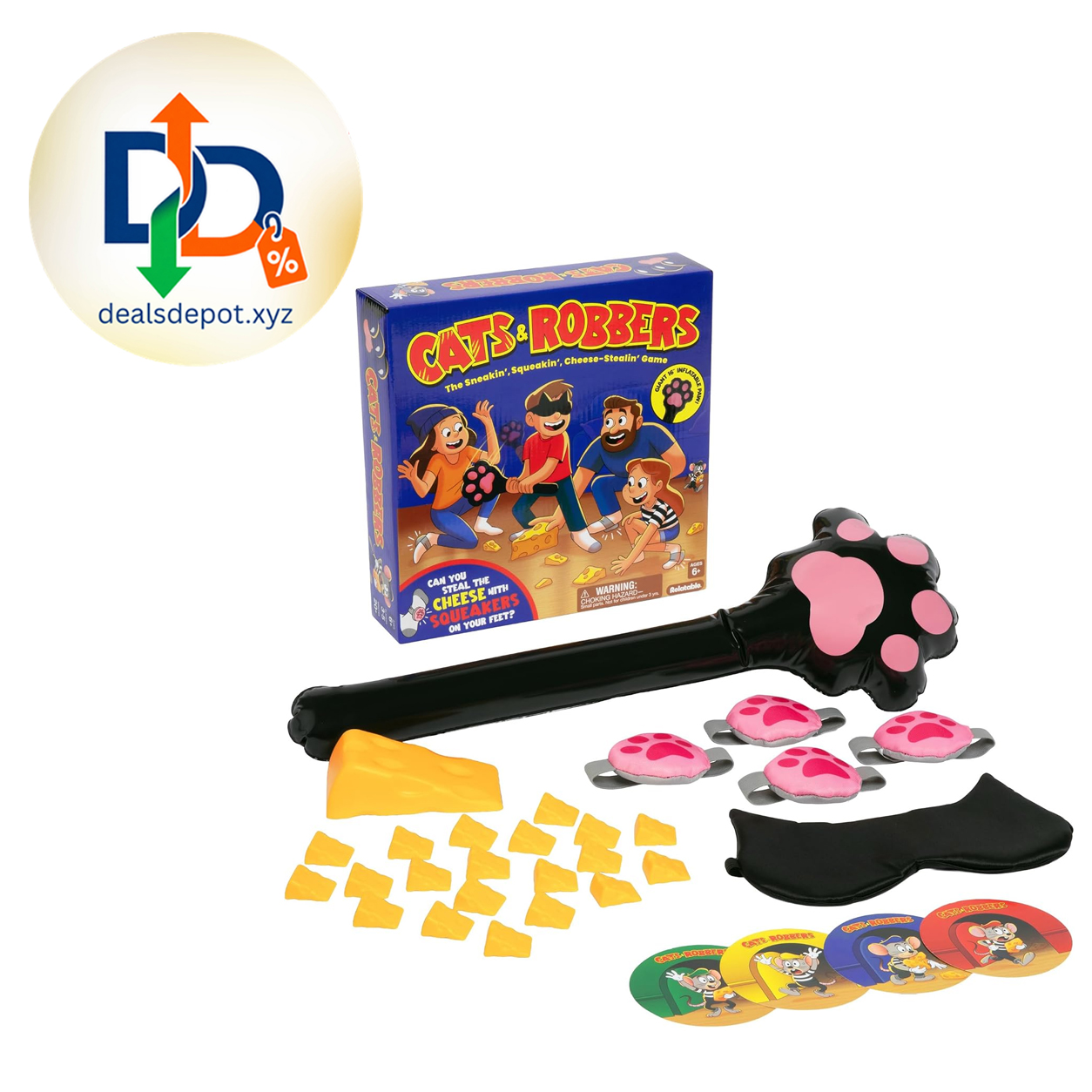 Cats and Robbers, Steal the Cheese Game by Relatable Up and Active Halloween Family Games, Includes Inflatable Paw, Cheese, Squeaky Mice Feet and More
