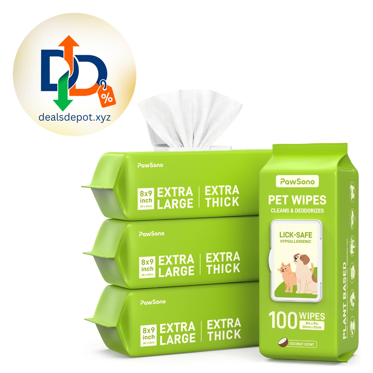 Hypoallergenic Pet Wipes for Dogs, Cats & Small Animals, 400 Coun Quick Clean & Deodorize Paws, Butt, Eyes, Face & Fur | Daily Grooming Wipes | Extra Large & Thick | Coconut Scented