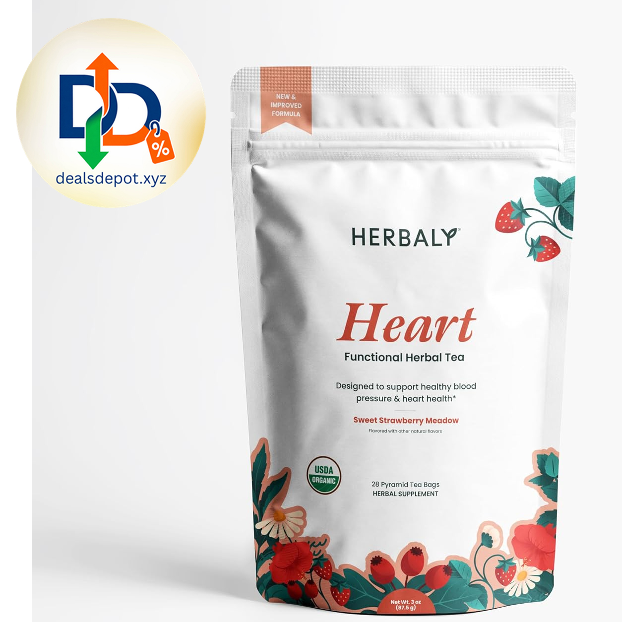 Herbaly Heart Organic Herbal Tea - Heart Health & Circulation, 28 Ct Hibiscus, Hawthorn, Lavender & Chamomile, Non-GMO, Plant-Based Pyramid Tea Bags, Caffeine Free