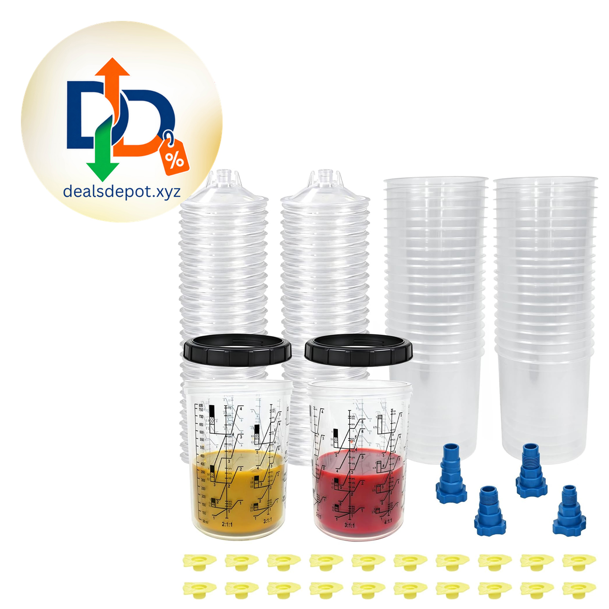 800ML Automotive Disposable Paint Cup System Spray Gun Mixing Cups Kit with 50 Liners & Lids, 4 Adapters for Most HVLP Spray Guns, Auto Body Repair & Vehicle Painting