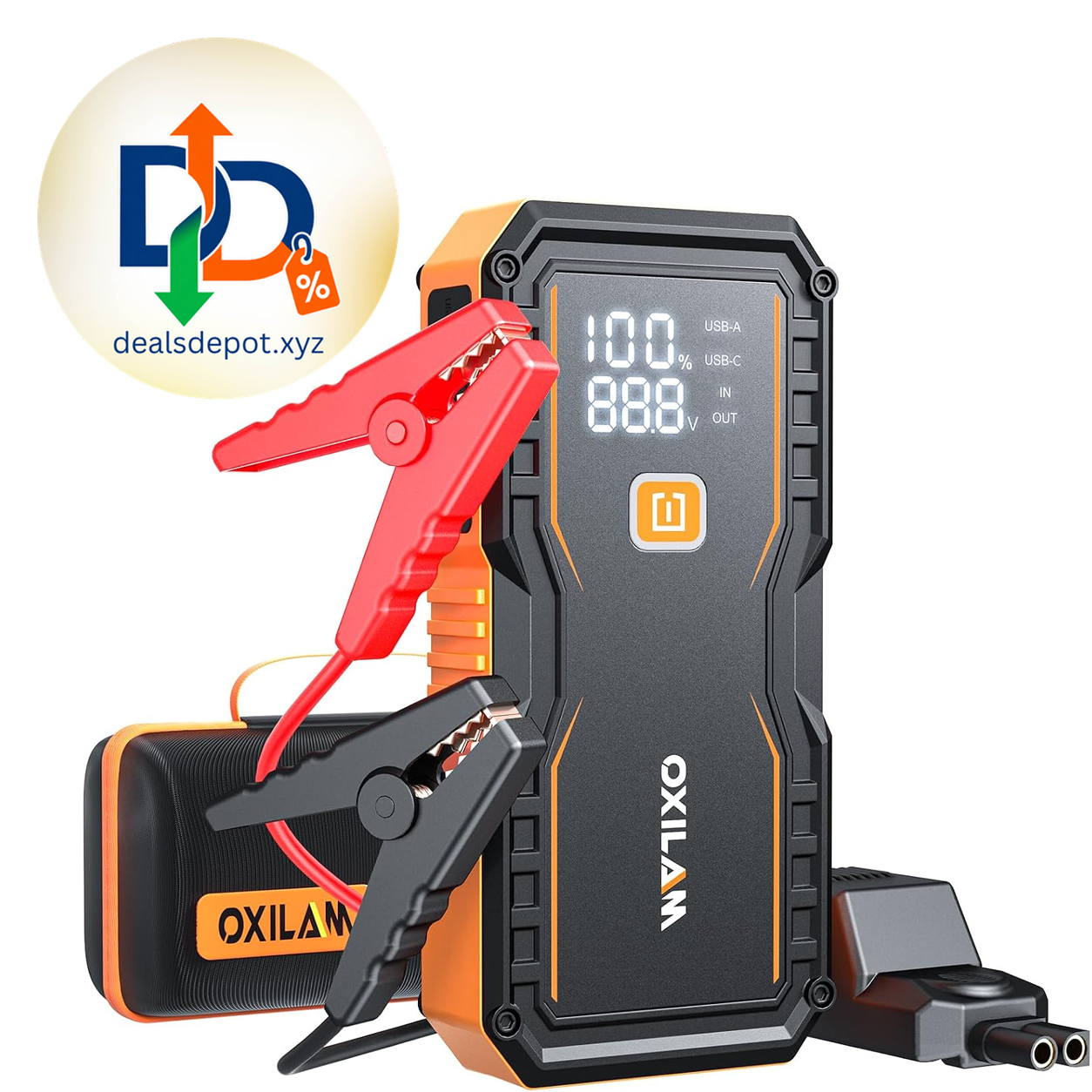 OXILAM Jump Starter 6000A for All Gas/12L Diesel, Car Battery Jumper Starter Portable, 12V Lithium Jump Box with Jumper Cables, LED Display, LED Light, Power Bank with USB, Type C Port