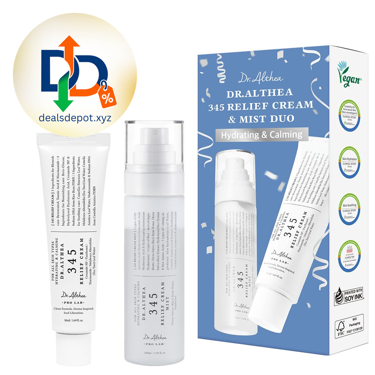 Dr.Althea 345 Relief Cream & Mist Duo, Korean Vegan Skin Care Set Soothing Recovery & Moisture for Sensitive Skin, Daily Post-Acne Moisturizer, Versatile Hydration Mist Spray