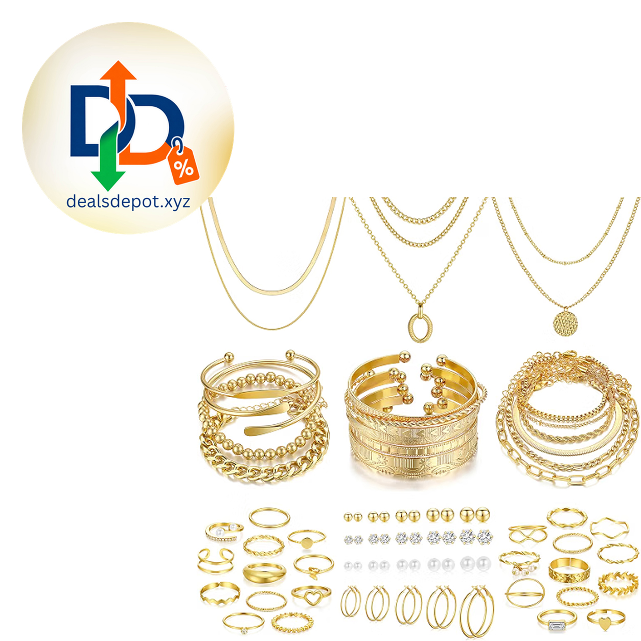 68-Piece Gold Jewelry Set for Women – Necklaces, Bracelets, Earrings & Rings